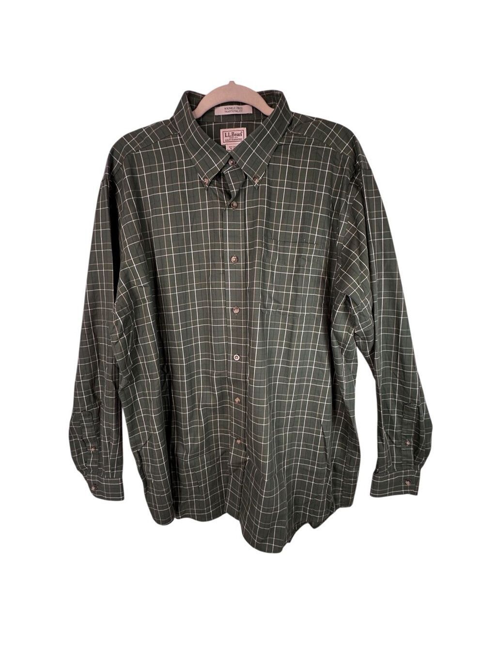 LL Bean Dress Shirt XL Green Plaid Wrinkle Free Cotton Button Up Classic Fit